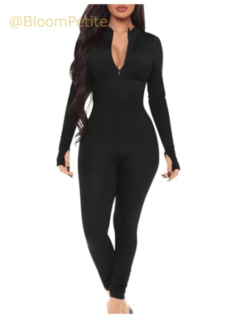 Women's Long Sleeve Zip Up Jumpsuit Thumb Holes Workout Romper